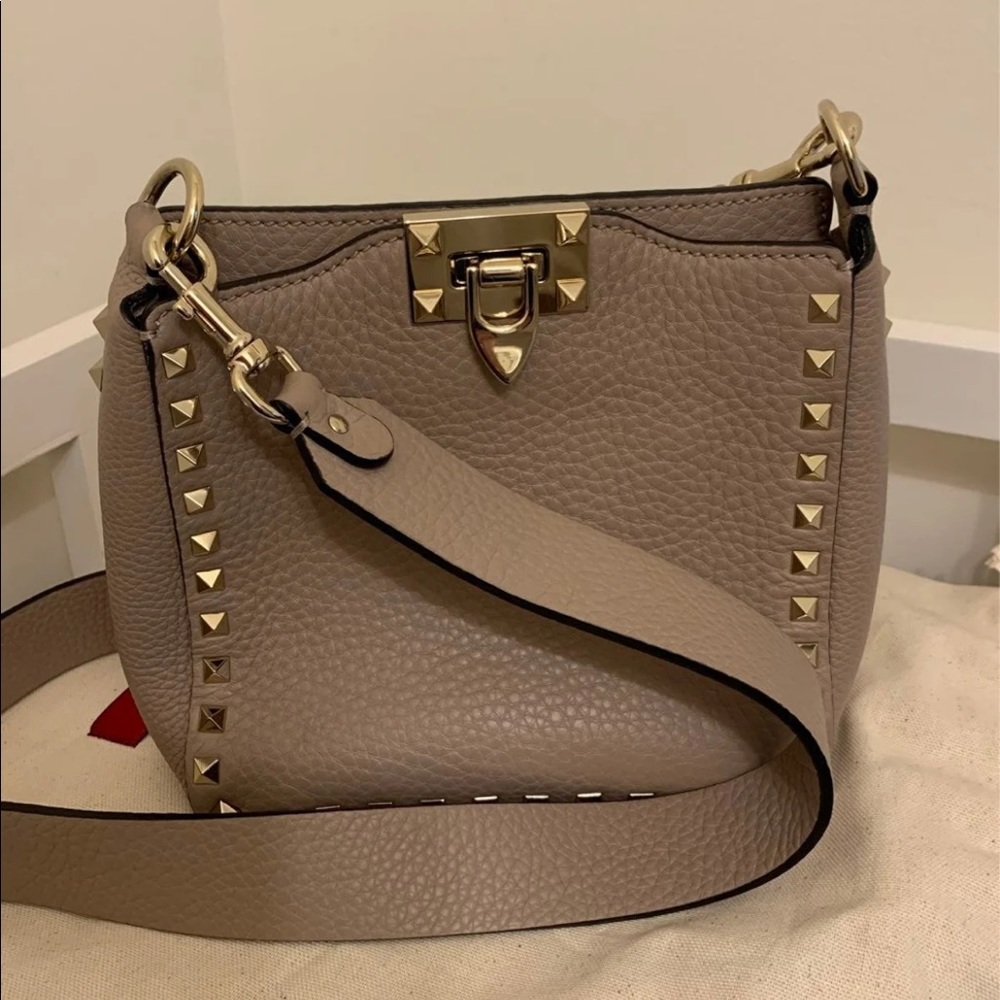 Valentino Mini Rockstud Grainy calfskin crossbody tan color